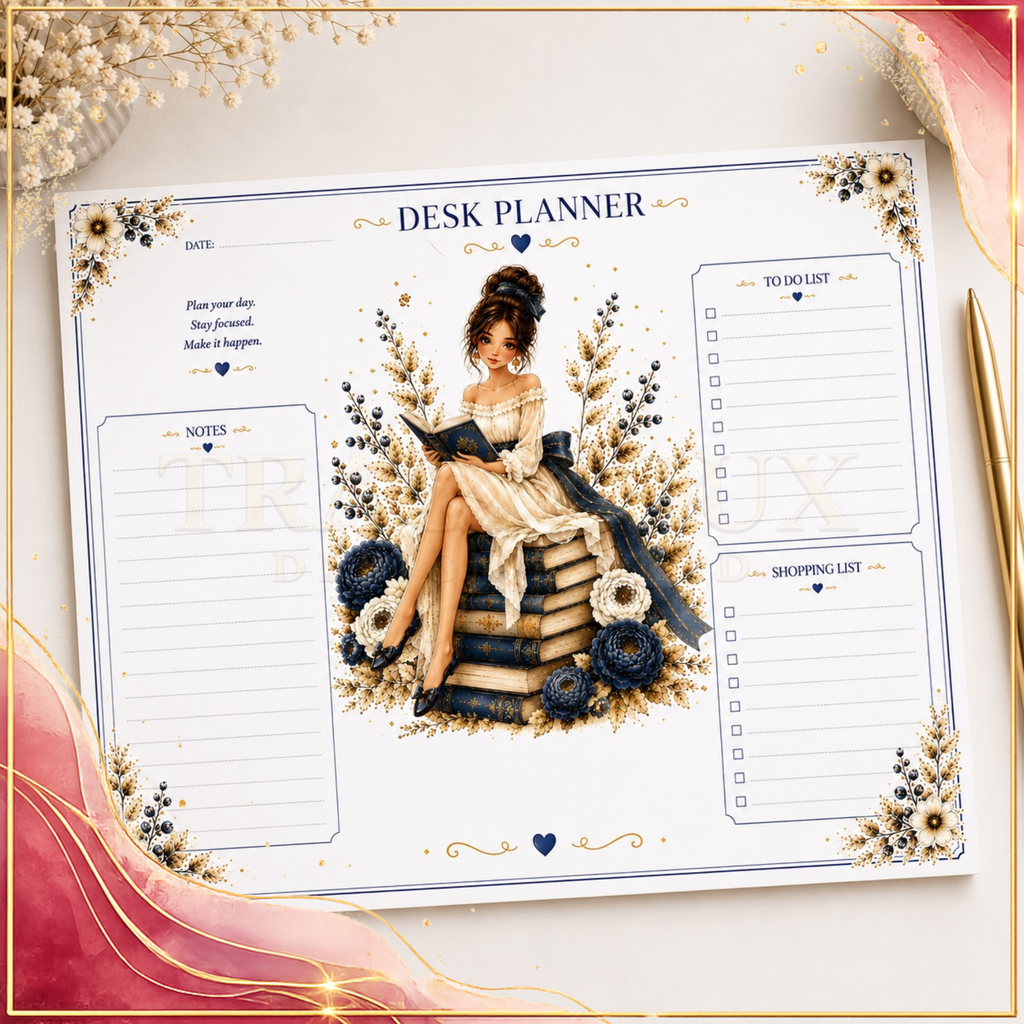 BLUE & GOLD COZY BOOK LOVER PRINTABLE GIFT SET – 4 COORDINATED DESIGNS