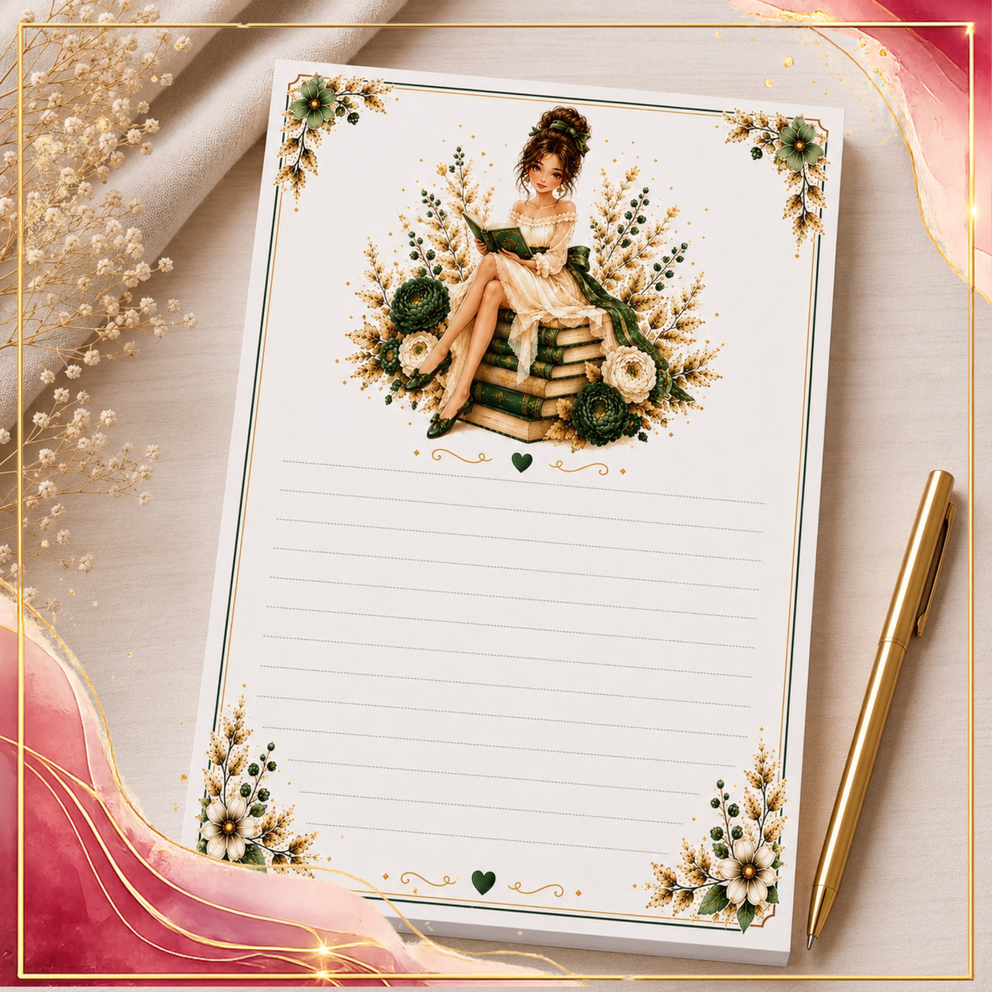EMERALD GREEN & GOLD COZY BOOK LOVER PRINTABLE GIFT SET – 4 COORDINATED DESIGNS