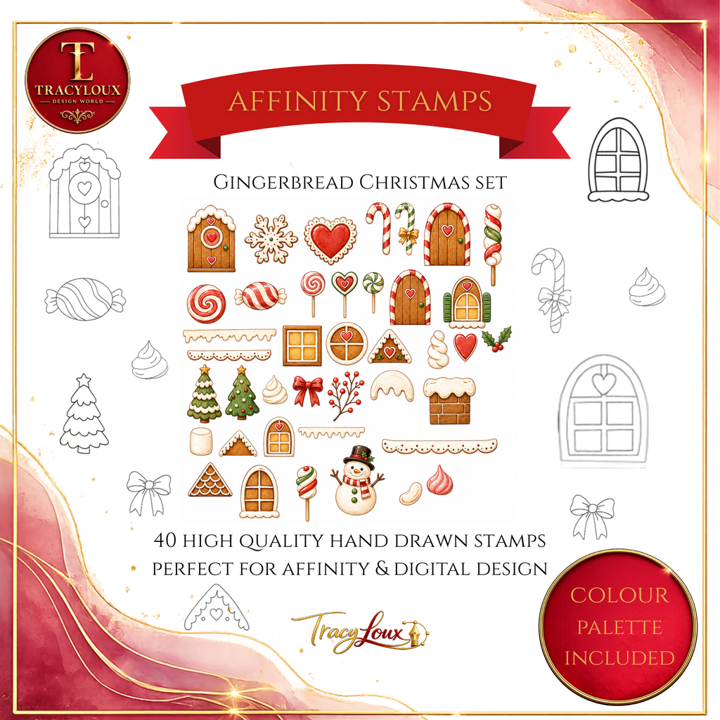 GINGERBREAD HOUSE AFFINITY STAMP SET – 40 HAND-DRAWN STAMPS + 3 COLOUR PALETTES