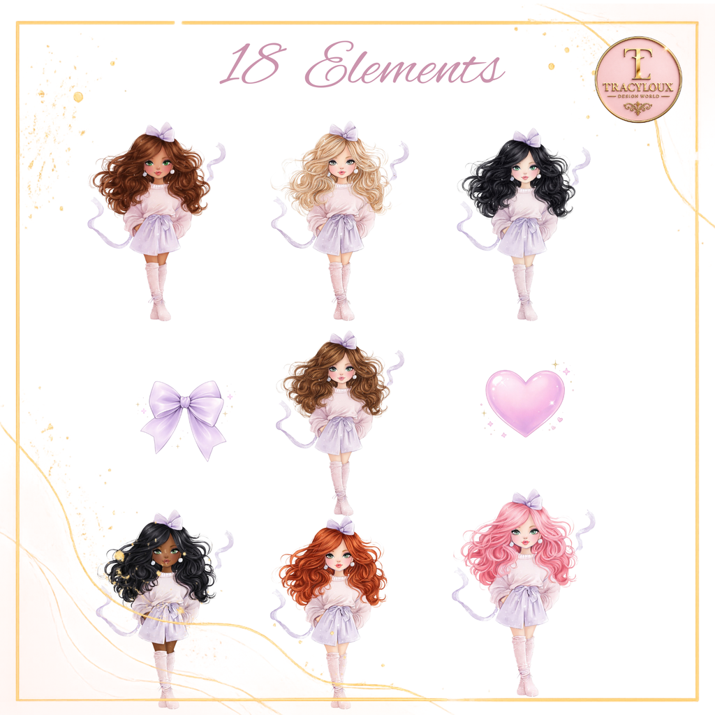 PASTEL GIRL CHARACTER DESIGN SET – 18 MATCHING ELEMENTS