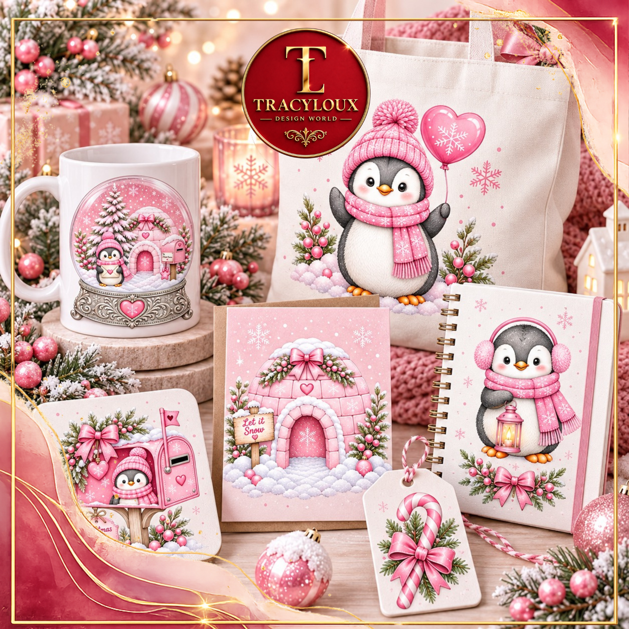Pastel Pink Penguin Christmas Clipart Set | 6 Penguins + 16 Elements