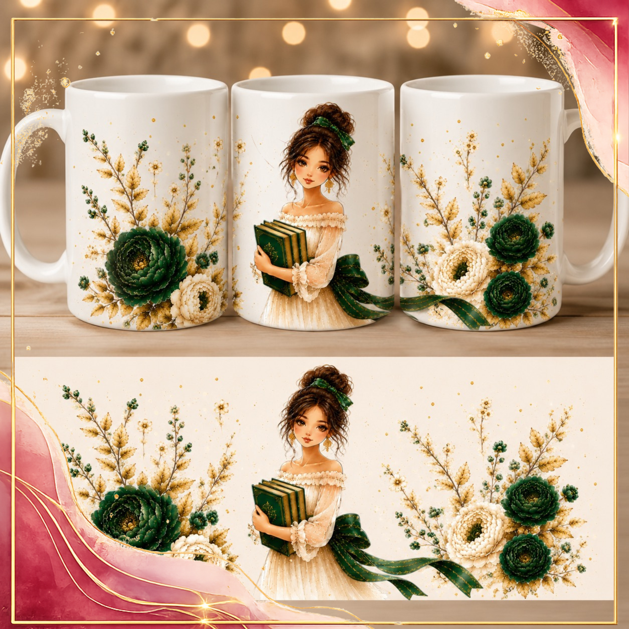 EMERALD GREEN & GOLD COZY BOOK LOVER PRINTABLE GIFT SET – 4 COORDINATED DESIGNS