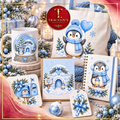Pastel Blue Penguin Christmas Clipart Set | 6 Penguins + 16 Elements