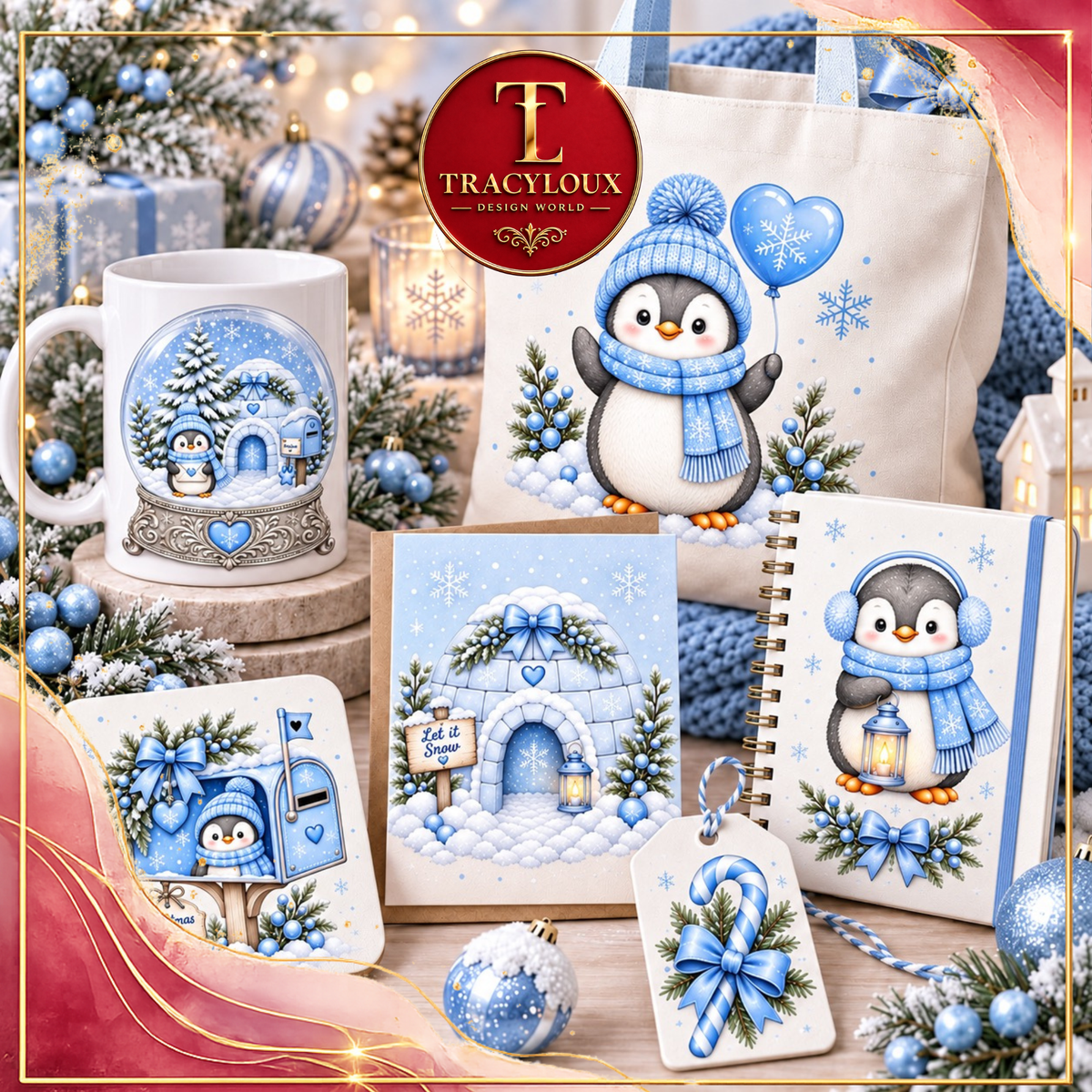 Pastel Blue Penguin Christmas Clipart Set | 6 Penguins + 16 Elements