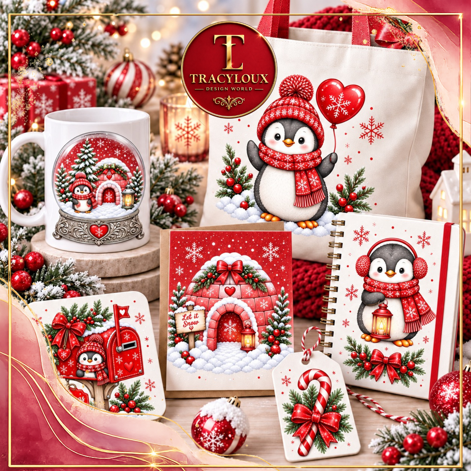 Red Penguin Christmas Clipart Set | 6 Penguins + 20 Festive Elements