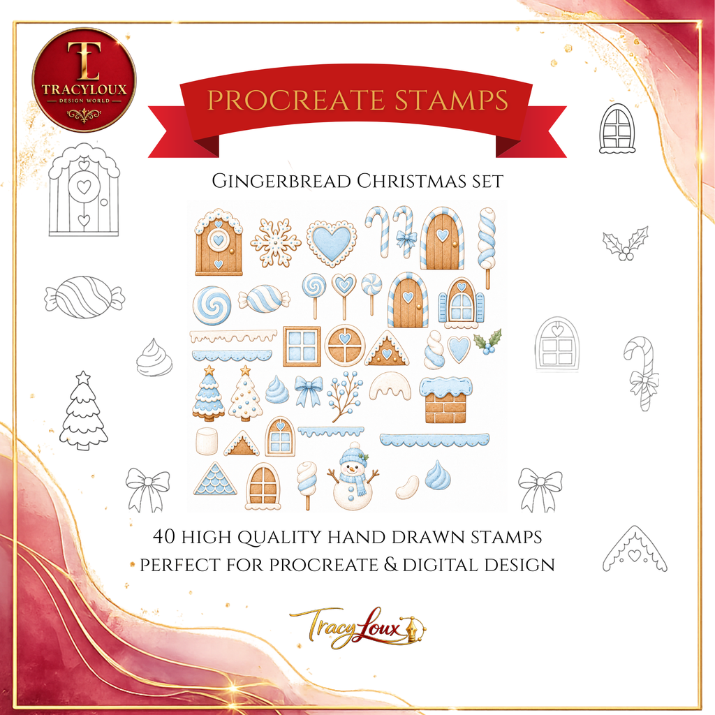 GINGERBREAD HOUSE PROCREATE STAMP SET – 40 HAND-DRAWN STAMPS + 3 COLOUR PALETTES