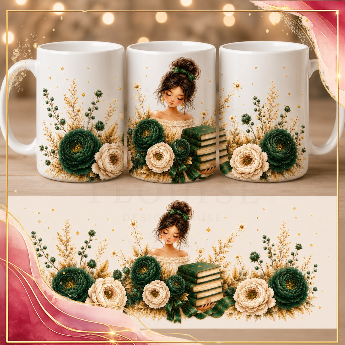EMERALD GREEN & GOLD COZY BOOK LOVER PRINTABLE GIFT SET – 4 COORDINATED DESIGNS