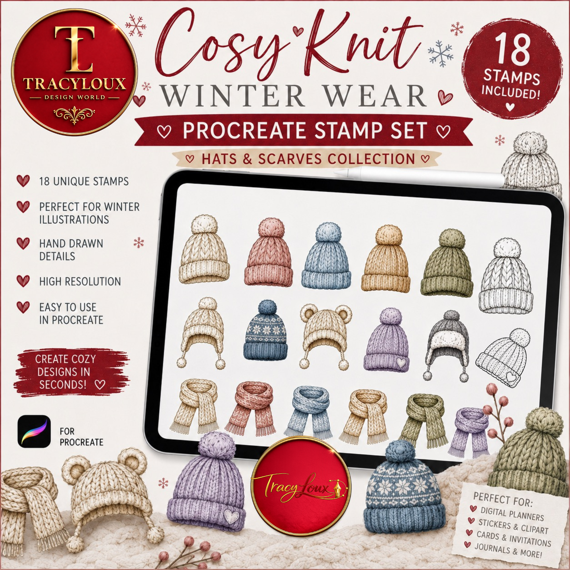 COSY KNIT WINTER WEAR PROCREATE STAMP SET | 18 KNITTED HATS & SCARVES STAMPS FOR PROCREATE