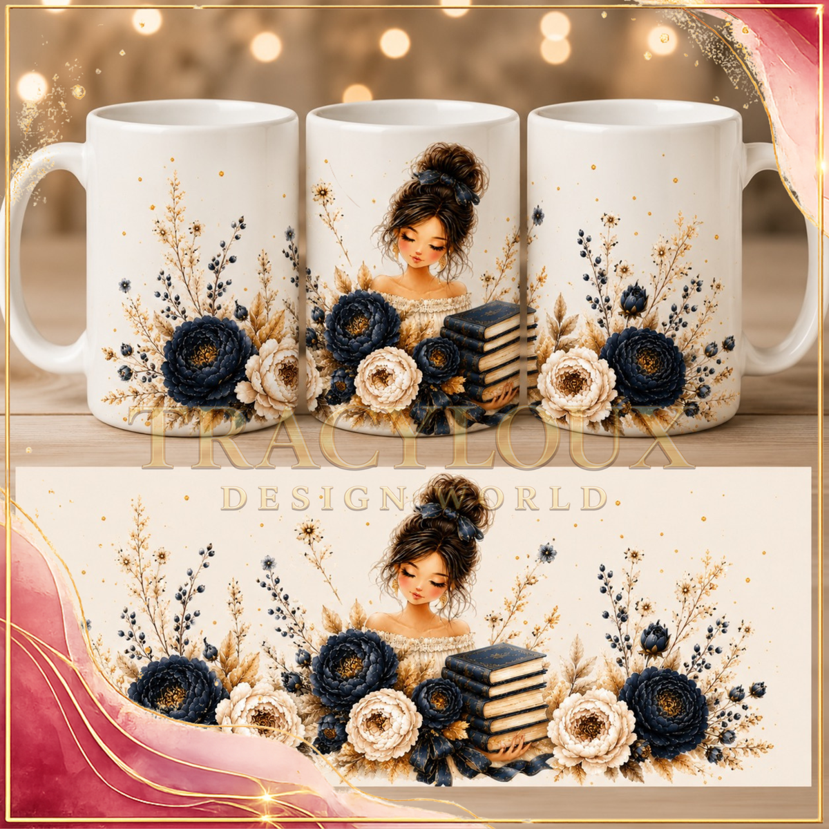 BLUE & GOLD COZY BOOK LOVER PRINTABLE GIFT SET – 4 COORDINATED DESIGNS