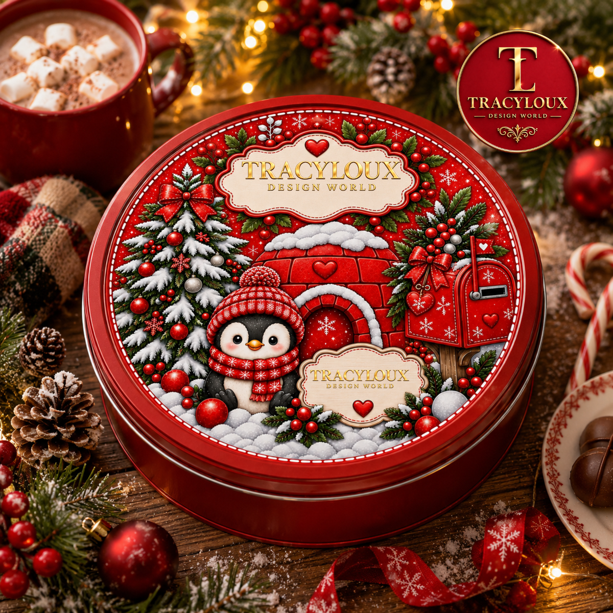 RED CHRISTMAS PENGUIN CHOCOLATE TUB STICKER PNG