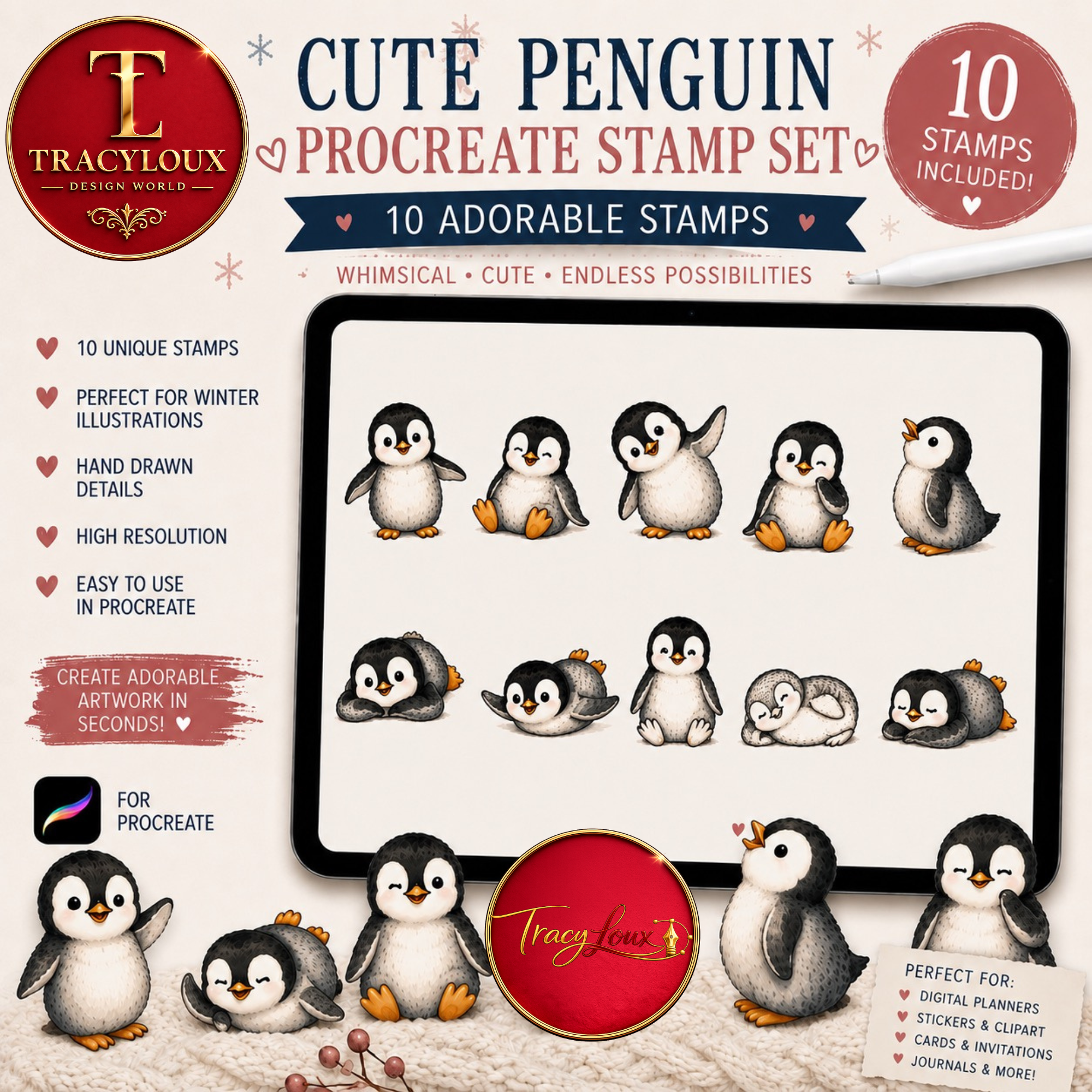 CUTE PENGUIN PROCREATE STAMP SET | 10 HAND DRAWN PENGUIN STAMPS FOR PROCREATE