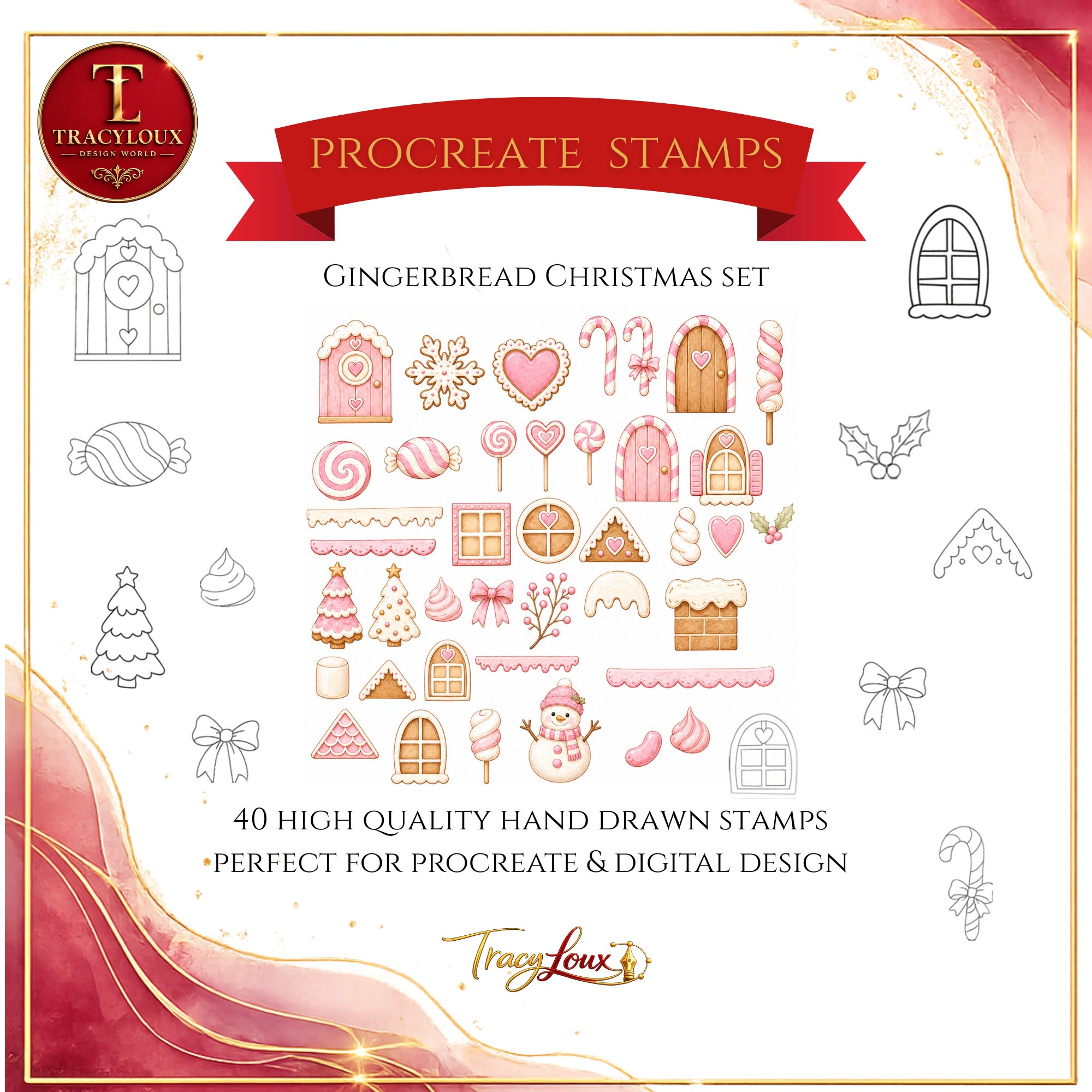 GINGERBREAD HOUSE PROCREATE STAMP SET – 40 HAND-DRAWN STAMPS + 3 COLOUR PALETTES
