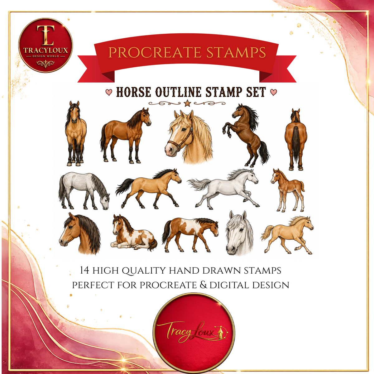 HORSES PROCREATE STAMP SET | 14 HAND DRAWN HORSE STAMPS FOR PROCREATE