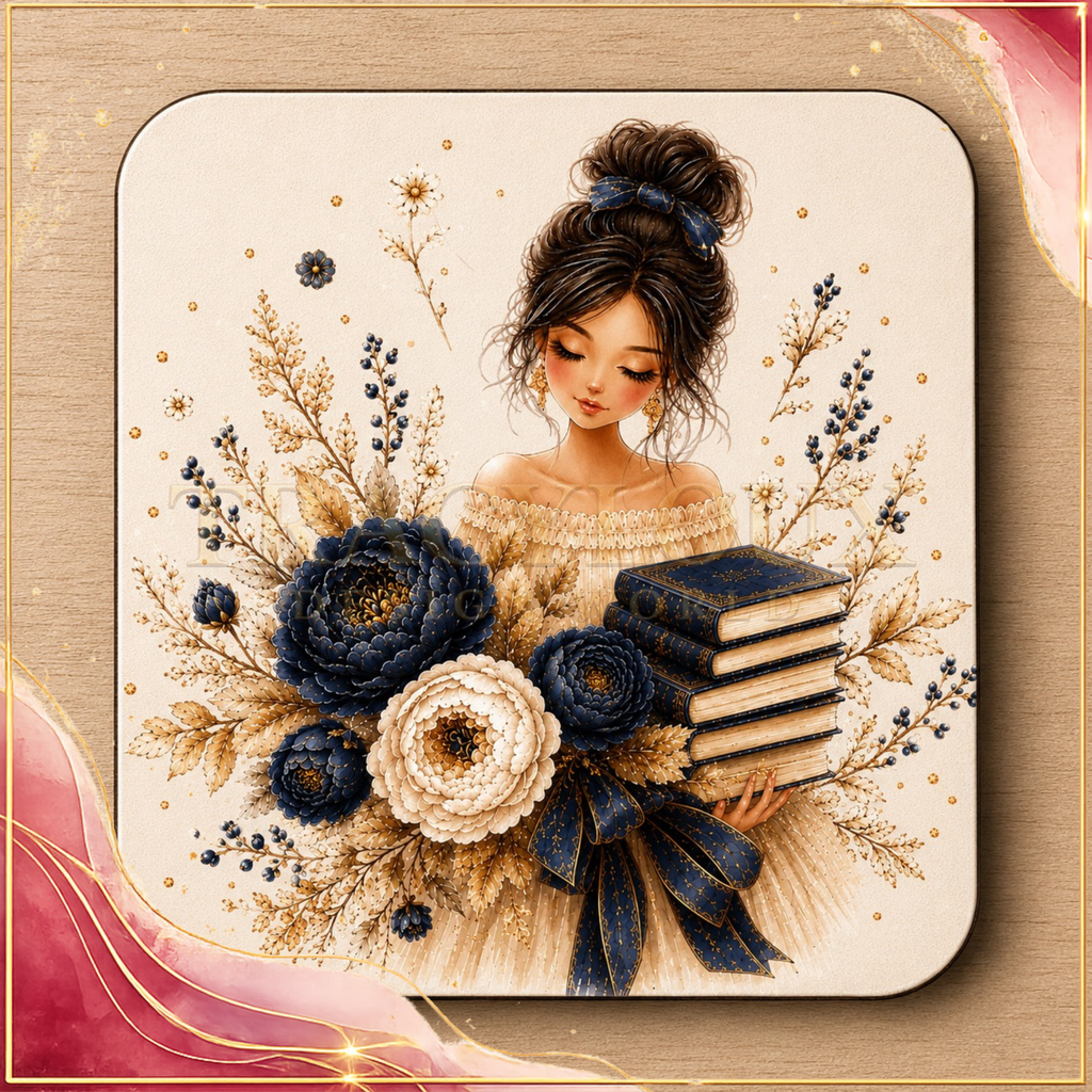 BLUE & GOLD COZY BOOK LOVER PRINTABLE GIFT SET – 4 COORDINATED DESIGNS