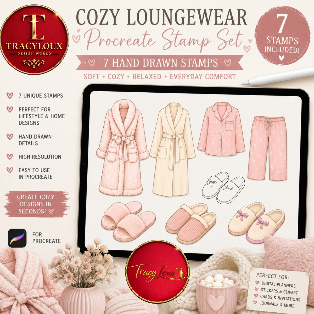 COZY LOUNGEWEAR PROCREATE STAMP SET | 7 HAND DRAWN ROBES, PYJAMAS & SLIPPERS STAMPS