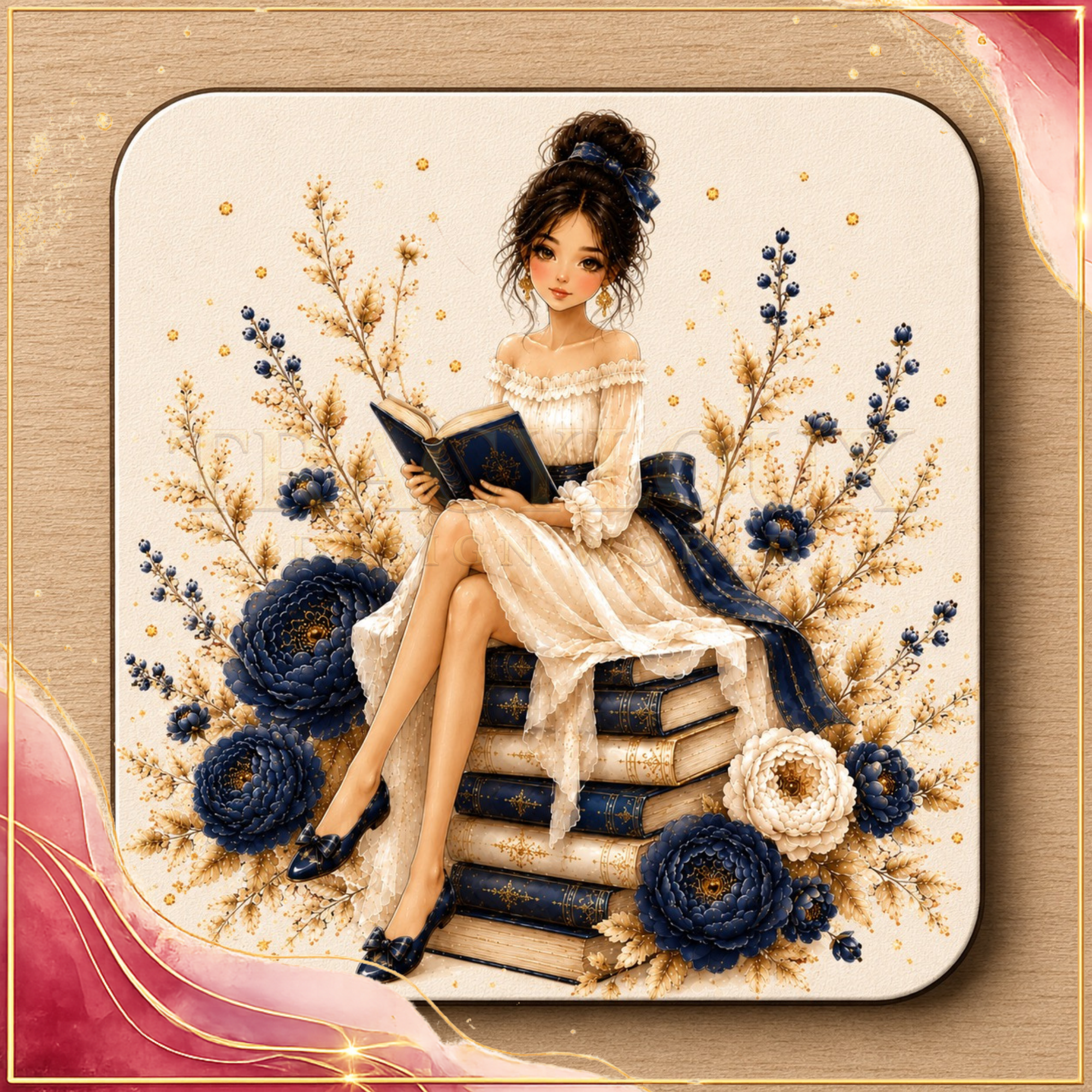 BLUE & GOLD COZY BOOK LOVER PRINTABLE GIFT SET – 4 COORDINATED DESIGNS