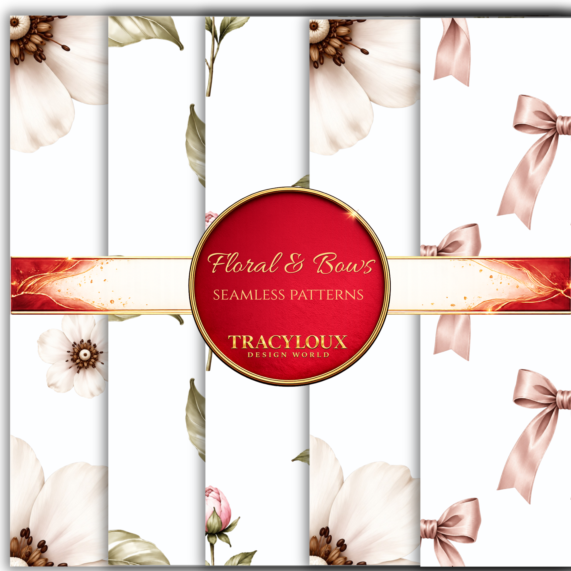 5 FLORAL & BOW SEAMLESS PATTERNS | NEUTRAL DIGITAL PAPER | FABRIC & SURFACE PATTERN BUNDLE | COMMERCIAL USE PNG