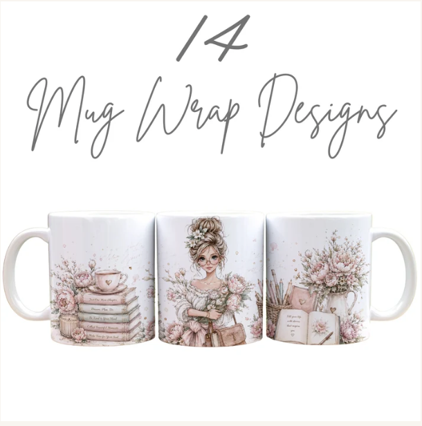 BOOK LOVER DESIGN BUNDLE | 14 COASTERS, 14 MUG WRAPS, 14 BOOKMARKS & 24 FLORAL CLIPART ELEMENTS