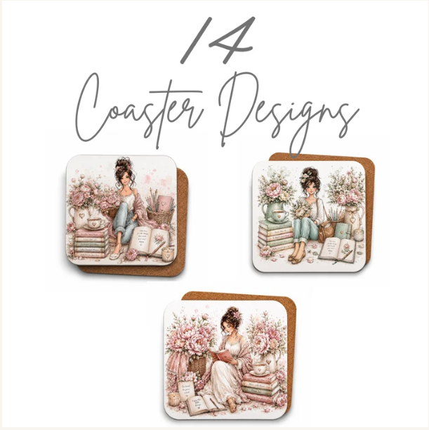 BOOK LOVER DESIGN BUNDLE | 14 COASTERS, 14 MUG WRAPS, 14 BOOKMARKS & 24 FLORAL CLIPART ELEMENTS