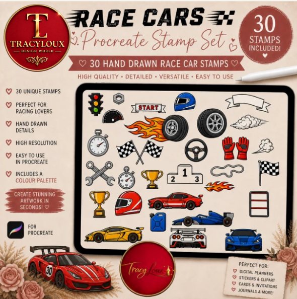 RACE CAR PROCREATE STAMP SET – 30 HAND-DRAWN RACING STAMPS + COLOUR PALETTE
