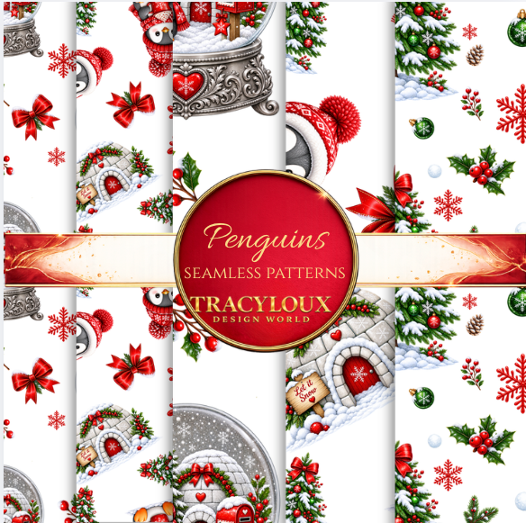 Penguins Christmas Seamless Pattern Pack – Set of 10
