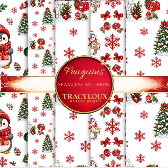 Penguins Christmas Seamless Pattern Pack – Set of 10